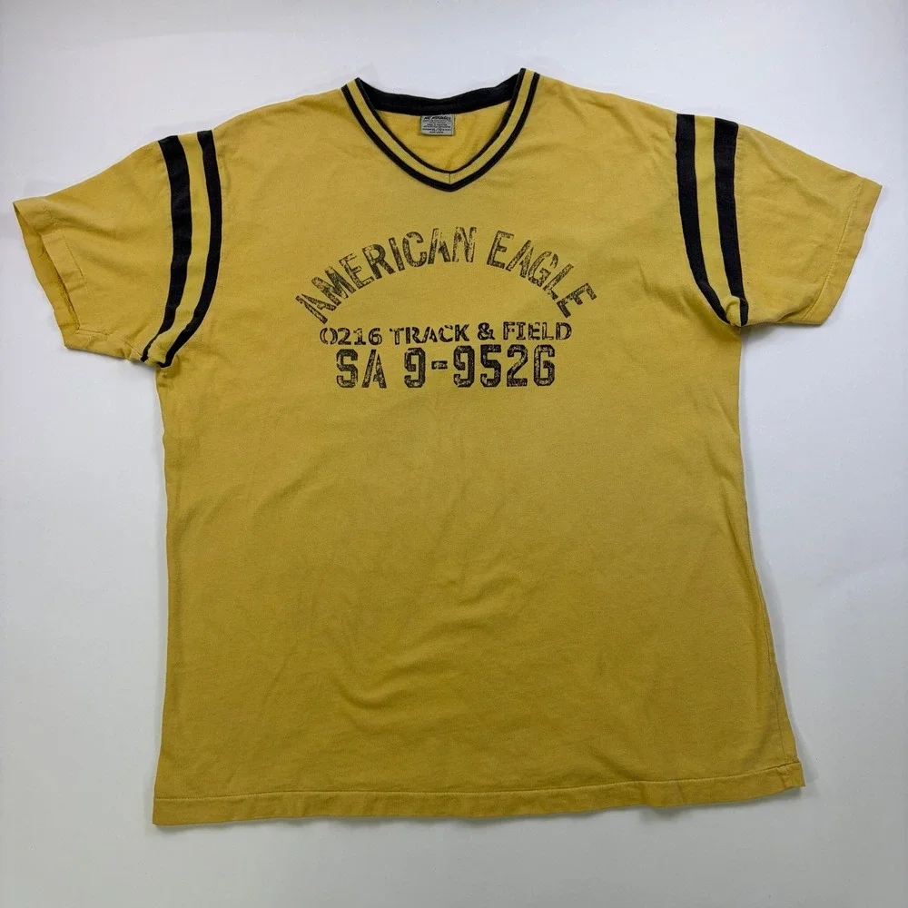 American Eagle Track & Field V-Neck Ringer T-Shirt Mens XL Yellow Vintage Style